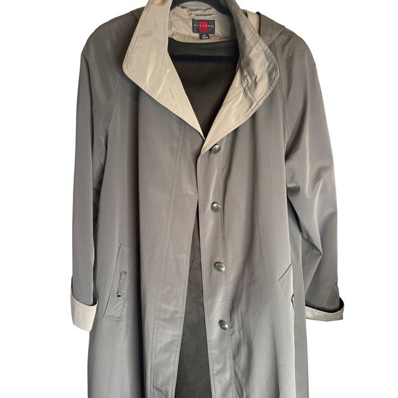 NWOT Gallery Size 12 Long Trench Coat Khaki Green Beige With Hood Rain Coat Line - Picture 4 of 16